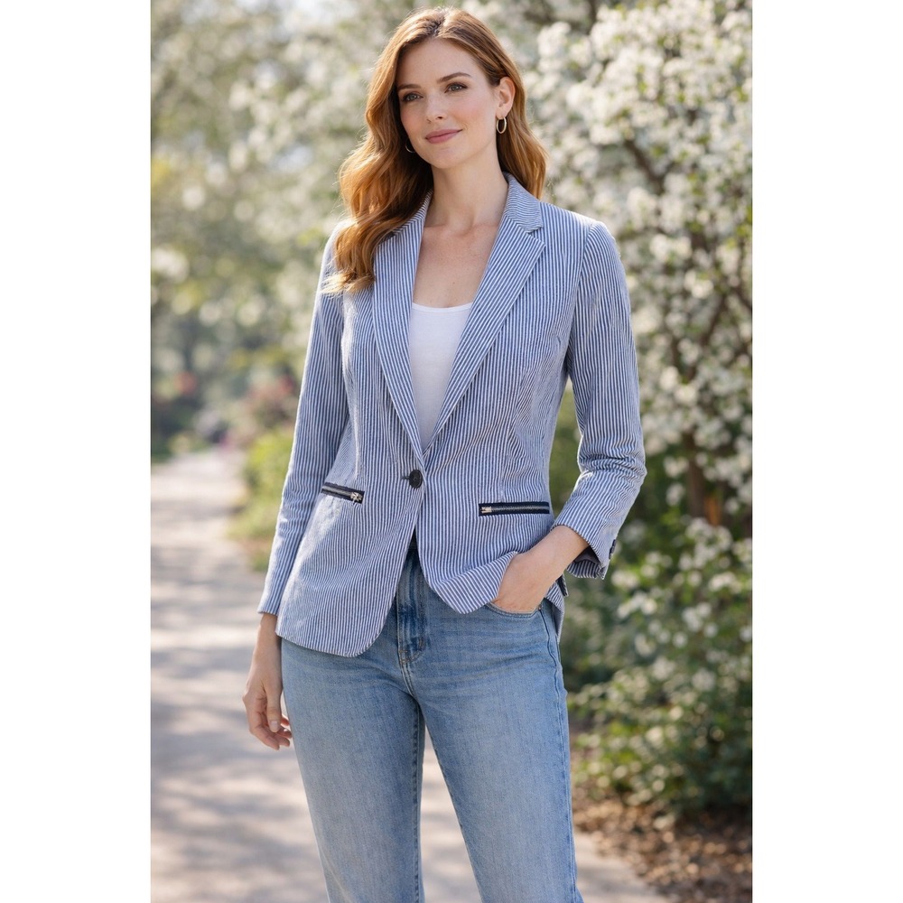 FATE Seersucker Striped Blazer Jacket Blue White Lightweight Small